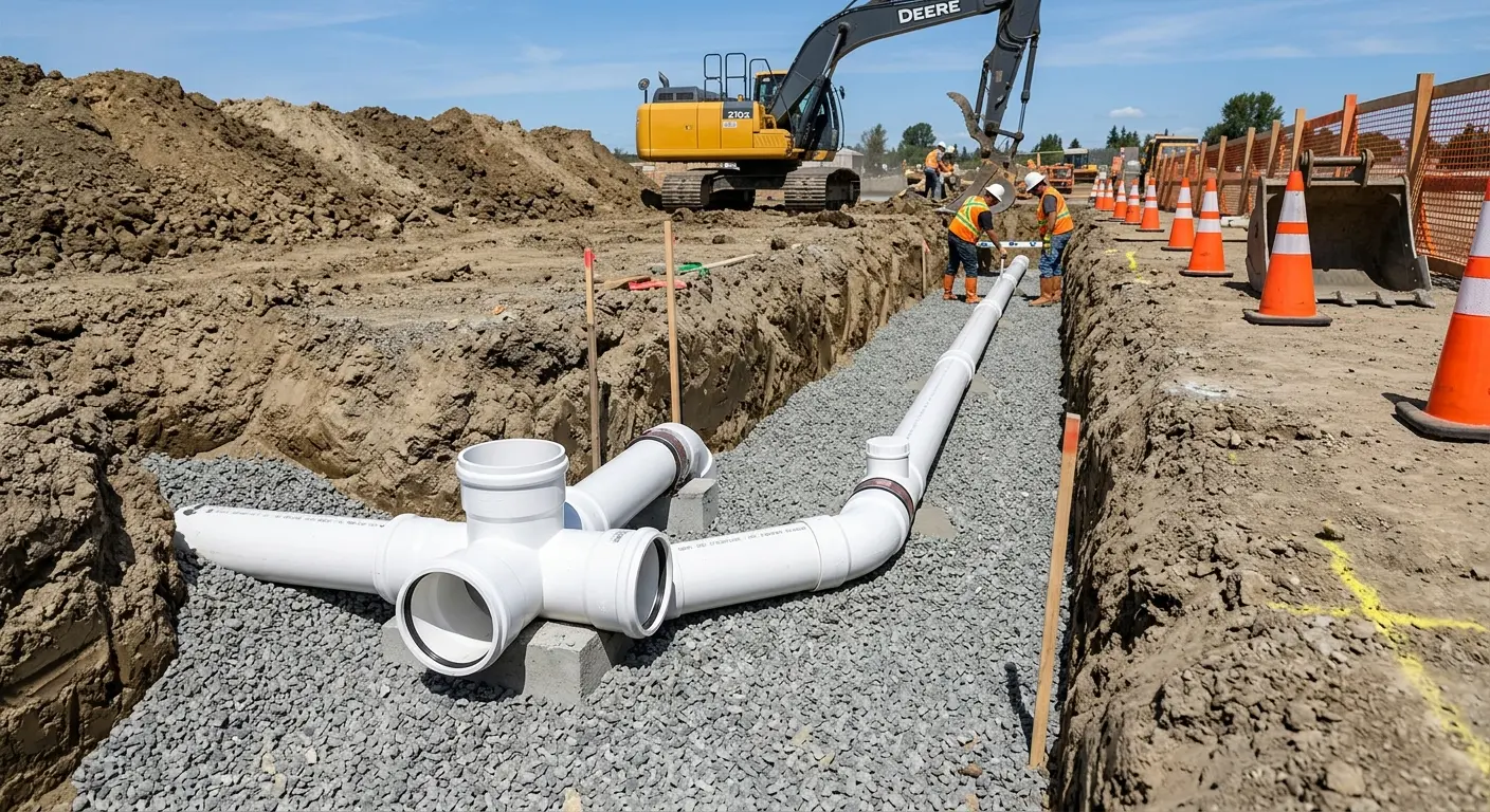 New PVC sewer pipe installation in open trench for Sewer Backup in Temple Hills