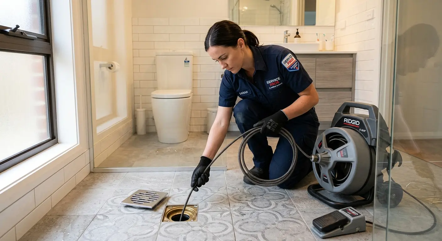 Technician clearing a bathroom floor drain for Drain Cleaning in Temple Hills